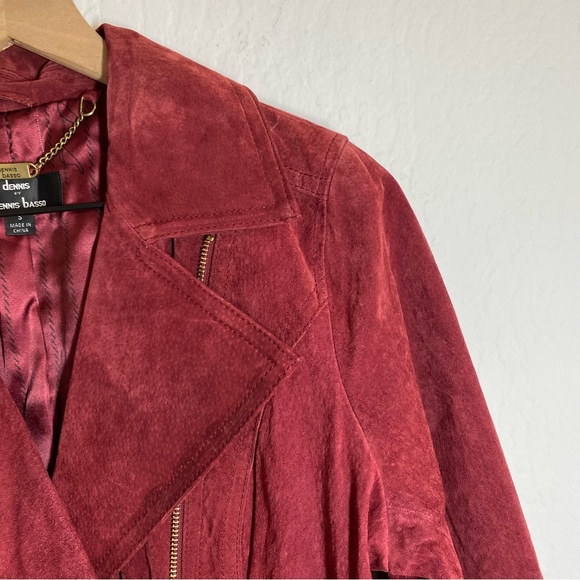 Dennis Basso Women’s S Red Vintage Gold Zip Motto Suede Leather Jacket - Picture 2 of 8